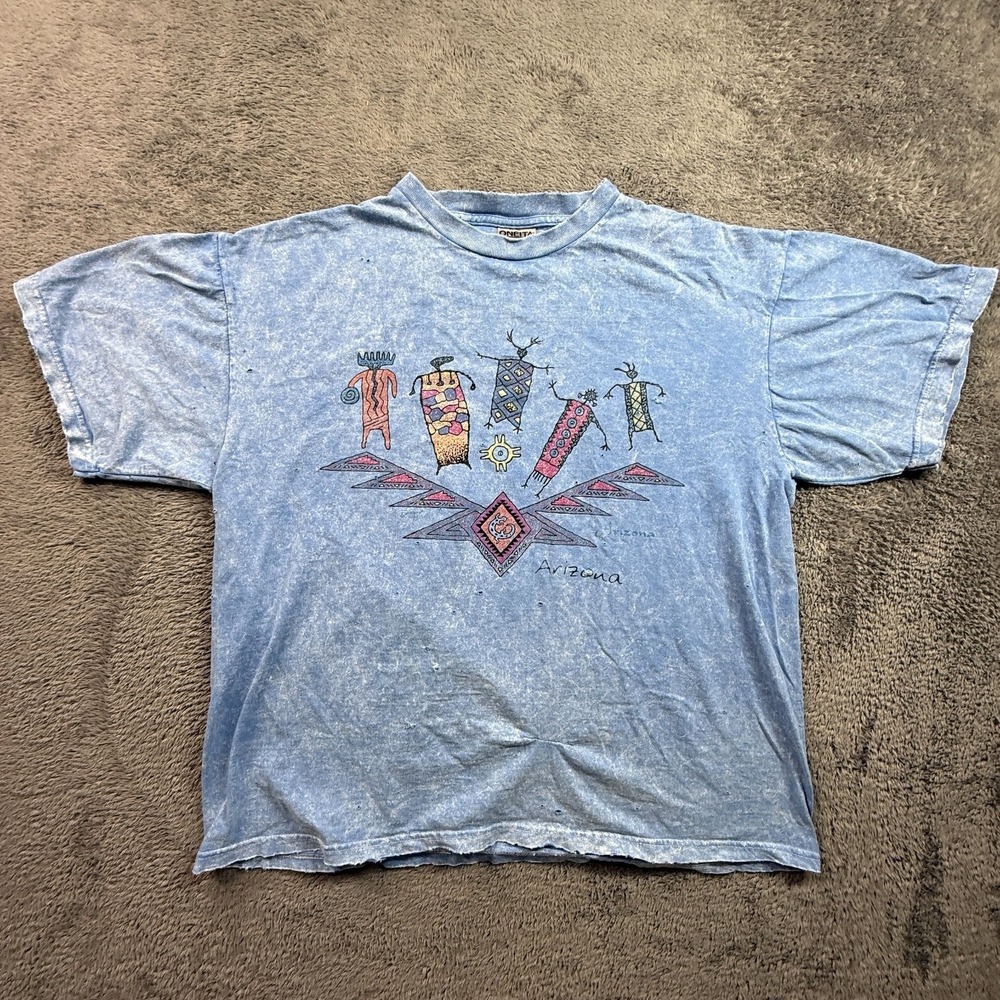 Vintage 90s Oneita USA Arizona Distressed Tie Dye Tee Shirt Aztec Tribal Blue XL